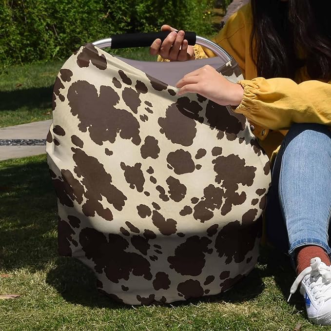 Baby Nursing Covers for Breastfeeding, Baby Car Seat Canopy Covers Scarf for Boys Girls, Brown Cowhide Canopy, Stretchy Soft Breathable Poncho Infant Stroller Cover, Cow Skin Print