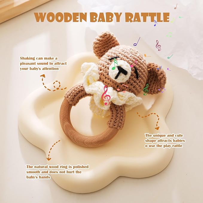 Wooden Baby Rattle，Crochet Bear Rattle with Wood Ring, Newborn Wooden Animal Rattle Toy，Infant Bear Wood Rattle Toys