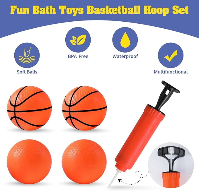 KSABVAIA Bath Toys - Bathtub Basketball Hoop for Kids Toddlers,Bath Toys Shower Toys for Kids Ages 4-8,Suction Cup Basketball Hoop & 4 Soft Balls Set for Boys Girls
