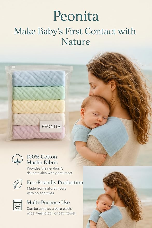 Baby Washcloths – 6 Pack Soft Muslin Cotton Towels for Newborns – Blue & White – Gentle, Reusable Face Cloths Set for Boys – 10x10