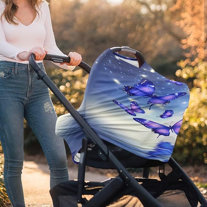 Butterfly Car Seat Canopy for Baby Girls, Trendy Nursing Cover Elastic Shopping Cart Cover for Baby Breastfeeding Cover Soft Car Infant Seat Cover