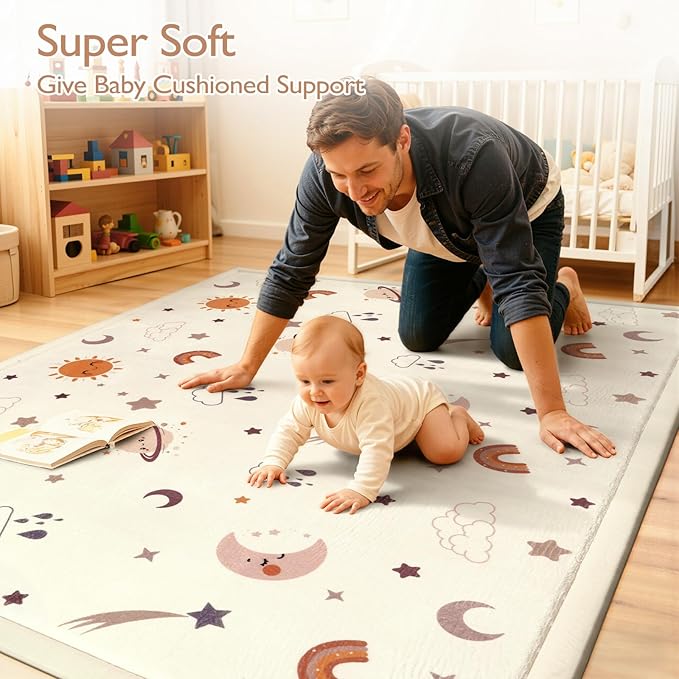 STARUIA Baby Play Mat for Floor, 1.1" Thick Memory Foam Tummy Time Mats, Soft Flannel Nursery Rug, Non Slip Crawling Mat for Toddlers, Kids, Playpen, Tatami Style for Living Room(59" X 79", Sky)