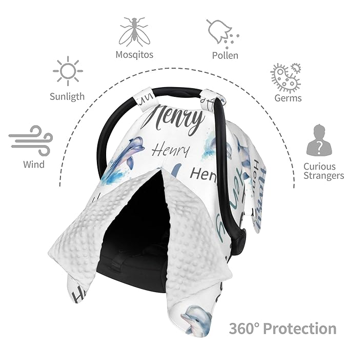 Personalized Baby Car Seat Cover Custom Name CarSeat Canopy Customized Dolphin Newborn Nursing Breastfeeding Cover Minky Baby Blanket Infant Car Seat Canopies for Baby Girls Boys