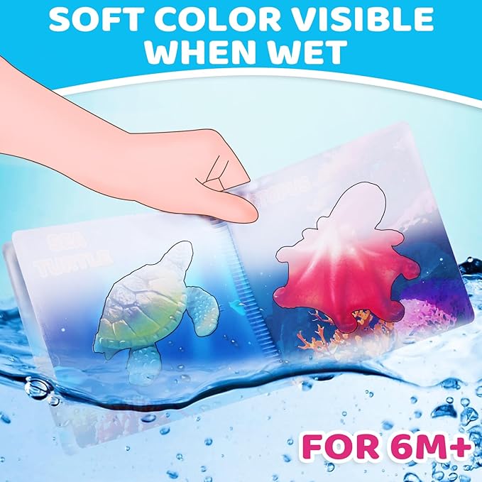 6 Pack Light Up Bath Toys & Magic Bath Book & Storage Bag for Toddler, No Hole Floating Ocean Animal with LED Flashing Colors, Glow Sensory Bathtub Toy for Kid, Water Table Toy, Gift for Boy Girl