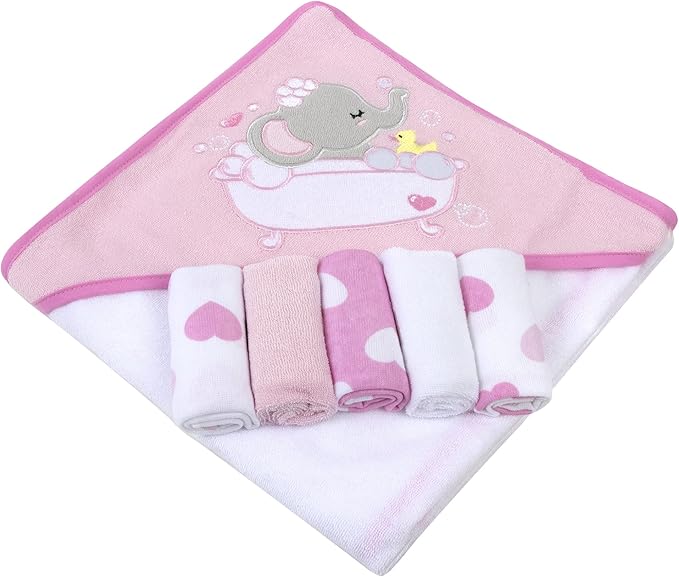 Baby Hooded Towel and Washcloth Set for Infants, Boys and Girls 6-12 Months (Effervescent Elephant)
