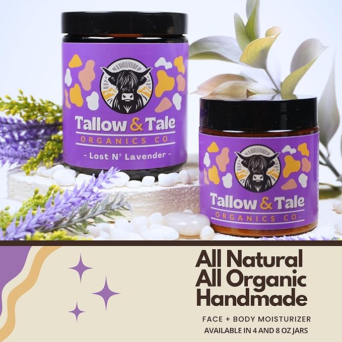Tallow And Tale Grass-Fed & Finished Organic Tallow Cream | Face & Body Moisturizer | For Sensitive, Dry & Irritated Skin (4 OZ, Lost N' Lavender)