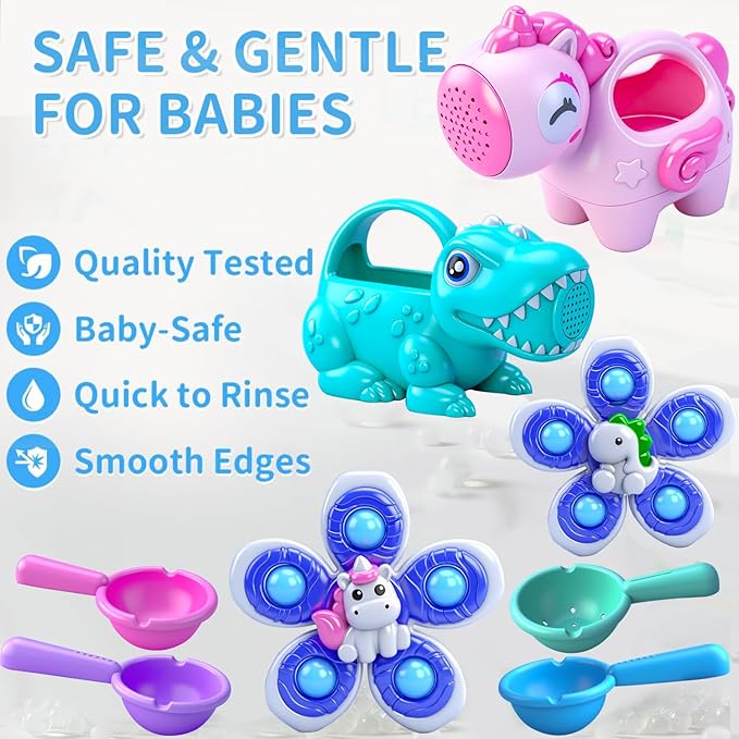 Baby Bath Toys for Kids Ages 1-3, Bathtub Toys for Babies 6-12-18 Months Toddlers, Suction Cup Spinner Toys & Unicorn Watering Can, Sand Beach Pool Water Table Toys for Infants Girls 1 2 3 4(Pink)