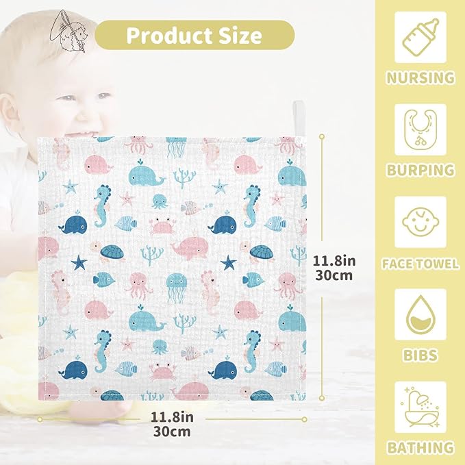 vvfelixl Cute Sea Life Baby Burp Cloths, Baby Muslin Washcloths for Boys Girls, Cotton Baby Face Towel for Newborn Infants Soft and Absorbent 11.8 X 11.8 in, 5 Pack