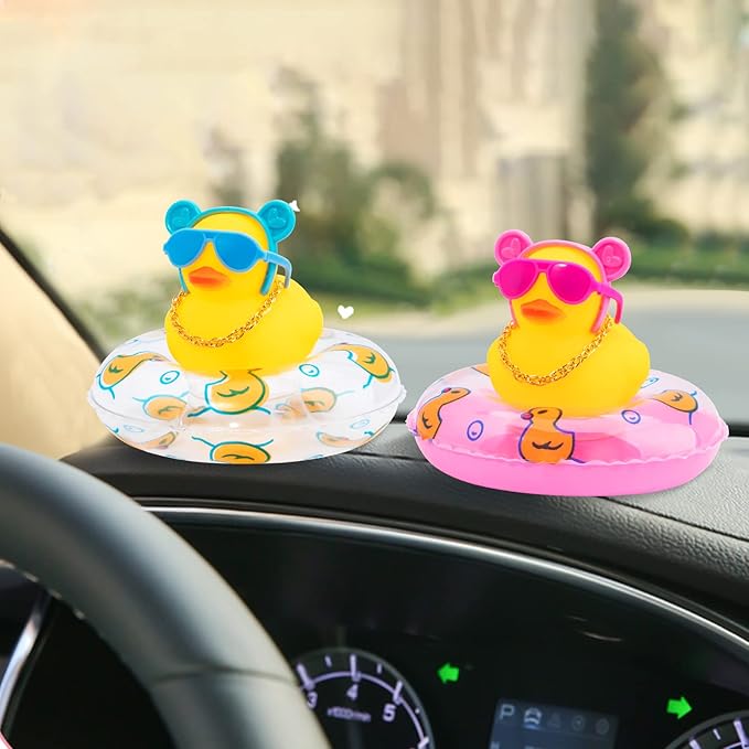 wonuu Car Duck Rubber Duck Car Ornaments Duck Car Dashboard Decorations with Cute Headband Swim Ring Necklace Sunglasses, B-Blue O Bunny Headband-Transparent