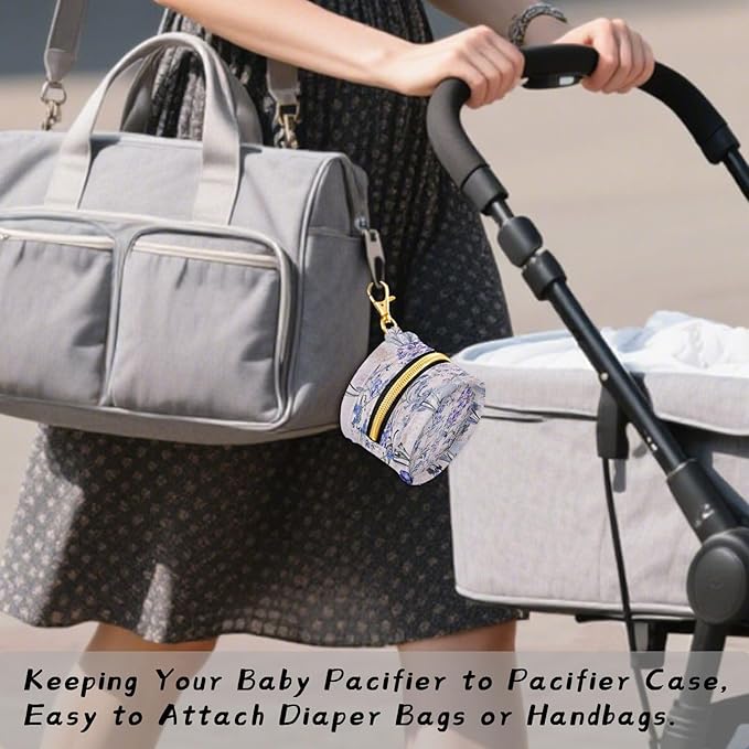 Pacifier Holder with Clip Pacifier Case for Diaper Bag Round Baby Pacifier Pouch Box Bag Portable Lavender and Silver Leaf Pink