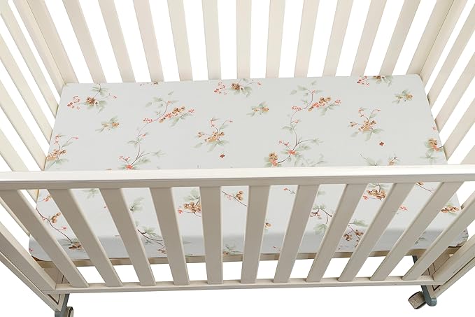 Onacosht Muslin Mini Crib Sheets, 39" x 27" Pack and Play Mattress Sheets Fitted for Pack N Play, Soft Cotton for Boys Girls, 2 Pack, Green and Leaf