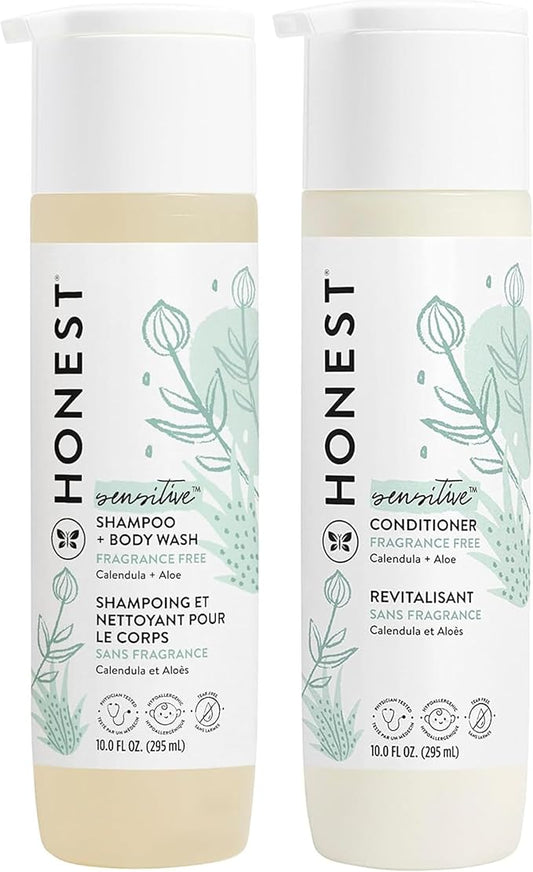 The Honest Company Fragrance Free Bundle for Sensitive Skin | 2-in-1 Cleansing Shampoo + Body Wash and Silicone Free Conditioner | Naturally Derived, Tear free, Hypoallergenic | 20 fl oz