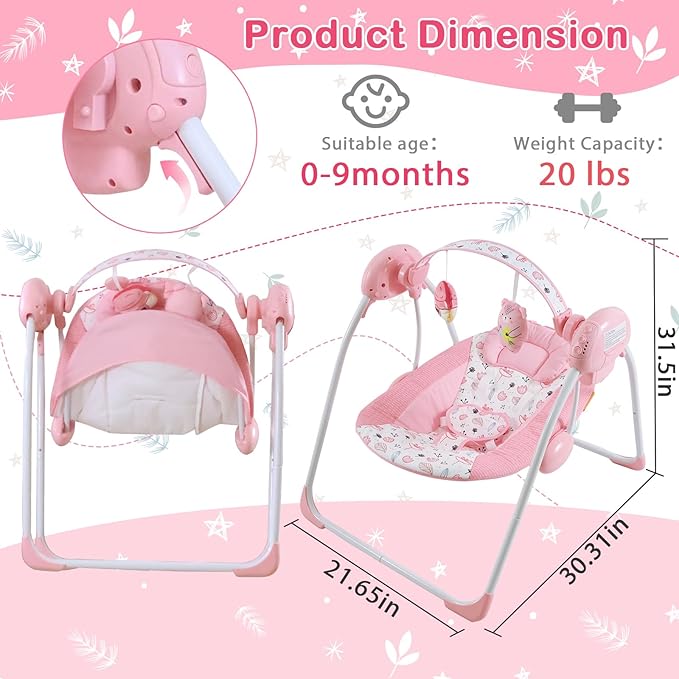 Baby Swing for Baby Girl,Newborn Swing with Music,5 Speed Levels,Timing Setting,Soft Cushion,Pink Foldable Infant Swing for Indoor Outdoor Use 0-9 Months