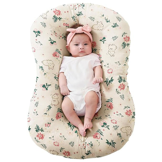 FUNUPUP Muslin Baby Lounger Cover Compatible with Snuggle Me Lounger, Infant Lounger Pillow Cover for Newborn, Removable Newborn Lounger Cover for Boys and Girls, Only Cover, Pink Flower