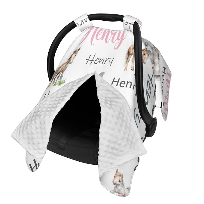 Personalized Baby Car Seat Cover Custom Name CarSeat Canopy Customized Horse Newborn Nursing Breastfeeding Cover Minky Baby Blanket Infant Car Seat Canopies for Baby Girls Boys