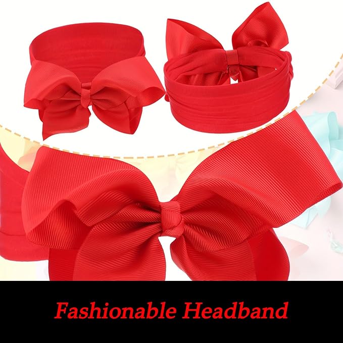 3 Pcs Baby Girls Headband Bows, Soft Nylon Hairbands Cute Big Bow Super Elastic Headband For Baby Girls Newborn Infant Toddlers (Red Blue White, Large)