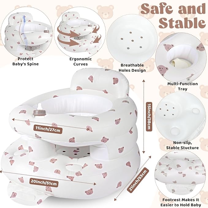 Inflatable Baby Seat for 3-36 Months, Baby Seats for Infants for Sitting Up with Back Support Built in Air Pump, Surround Sit Me Up Floor Seat for Baby Chair for Learning Sit, Feeding (Bear)