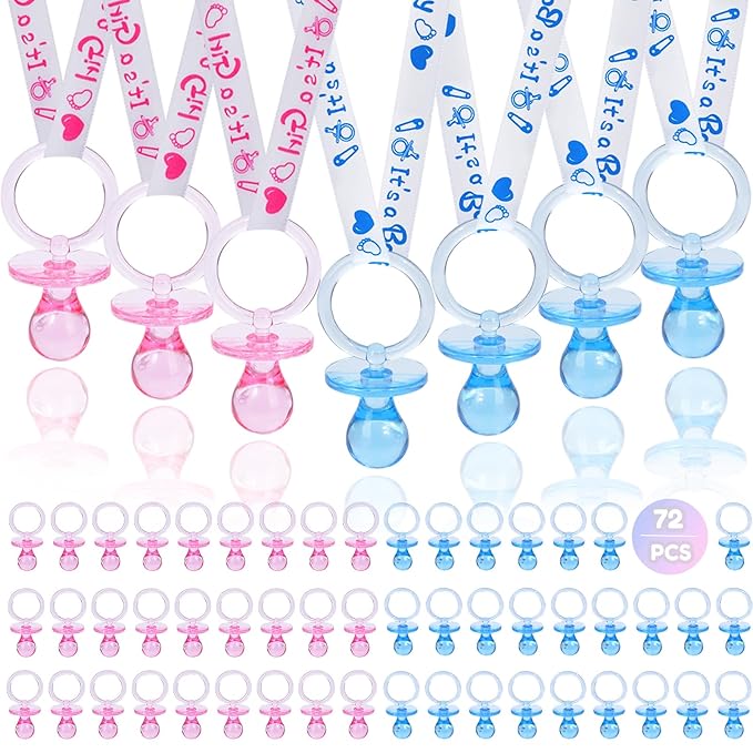 72 Acrylic Pacifier Necklace for Baby Shower Boys & Girls Party Favors, Gender Reveal Party Table Scatter/Necklace Game (Blue & Pink)