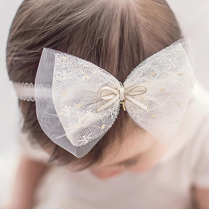 Baby Girls Bow Lace Headband Cute Soft Hairband White Butterfly Knot Headbands for Newborn Infants Toddlers Kids Christening Baptism Birthday Party Hair Accessories（Beige C）