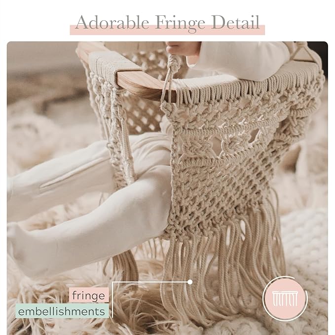Finn + Emma - Handmade Macrame Baby Swing with Solid Wood Bar - Organic Baby Accessories - Handmade with Care