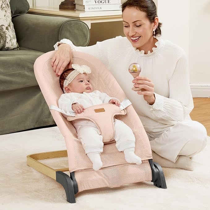 Foldable Baby Bouncer, Baby Seat with 3 Adjustable Heights, Portable Newborn Rocker, Ergonomic Baby Bouncer Seat for Natural Bounce, Bouncer for Babies 0-6 Months, Breathable Mesh (Pink)
