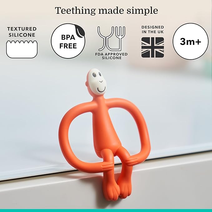 Matchstick Monkey Silicone Teether & Gel Applicator – Silicone Baby Teether, Easy-to-Grip, BPA-Free, Supports Self-Soothing & Early Brushing, 3 Months+, 4 Inches, Orange