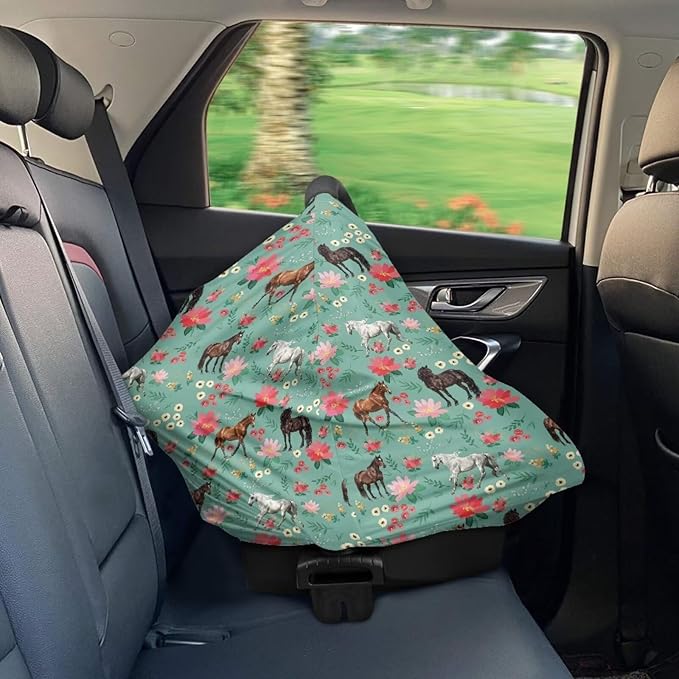 Car Seat Canopy for Baby Girls, Horse Print Nursing Cover Elastic Breastfeeding Cover Soft Car Infant Seat Cover