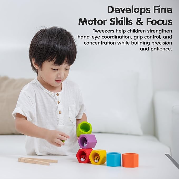 PlanToys® Wooden Beehive Color Sorting Toy for Toddlers | Montessori Fine Motor Skill Playset with Bees, Hives & Tweezers | STEM Learning Toy for Kids Ages 3+