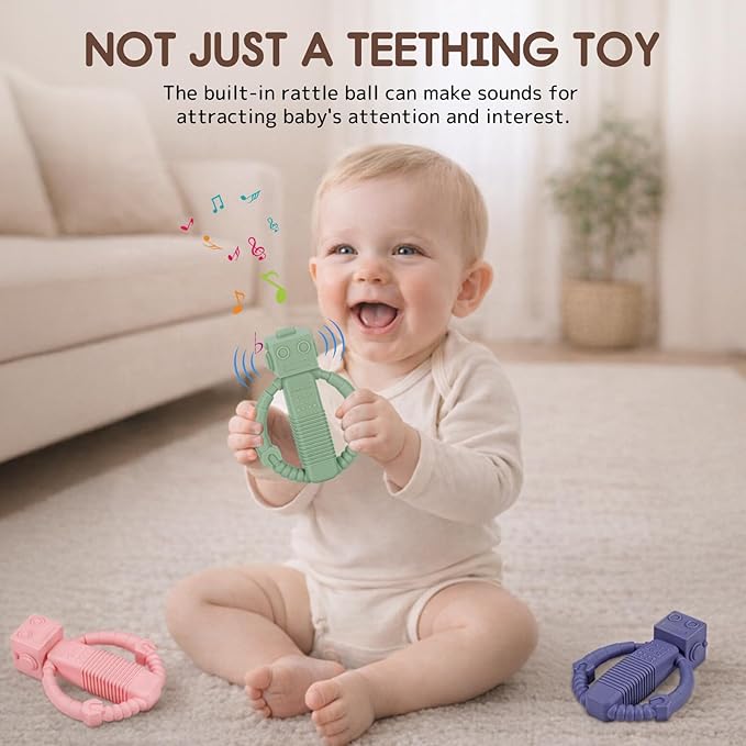 Baby Teether Toys, Silicone Teething Toys with Rattle for 3 Months +, Rattle Toy for Babies Boys & Girls, Relief Teething Pain, Smoothe Babies Gums (Color 3)