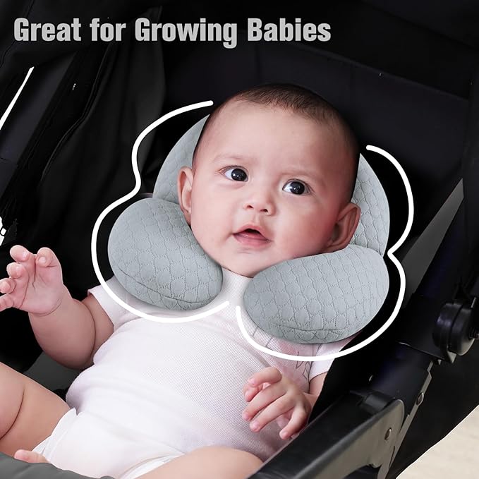 KAKIBLIN Baby Travel Pillow, Upgraded Baby Neck Pillows for Car Seat, Infant Neck Support Pillow for Head and Neck, Newborn Head Support for Car Seat, Stroller, Pushchair (Grey)