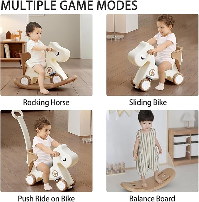4 in 1 Rocking Horse for Toddlers 1-3, Baby Ride On Toys with Balance Board & Push Handle, Convertible Push Car, Birthday Gift for 1 Year Old Boys Girls (Tan)