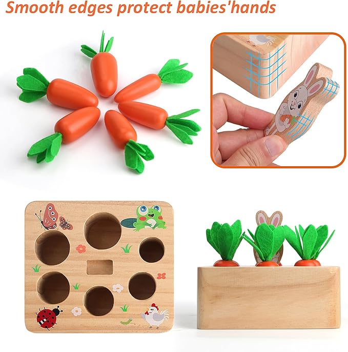 SKYFIELD Carrot Harvest Game Wooden Shape Sorting Puzzle for Baby Boys and Girls 1-3 Years, Montessori Gift Toy with 7 Sizes Carrots