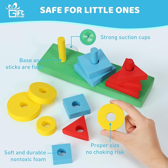 GiftAmaz 3-in-1 Bath Toys for Toddlers 1-3, Mold Free Foam Sorting & Stacking Sensory Toys - Suction Cup, Shape Color Size Learning Water Toy, Montessori Baby Bathtub Wall Toy for Kids Ages 1-3 2-4