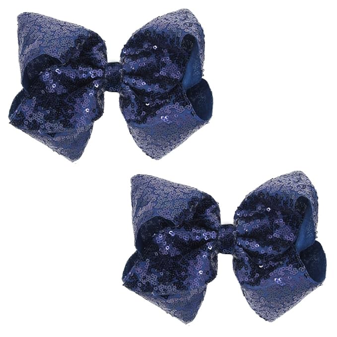 6 Inch Navy Blue Sparkly Glitter Sequin Hair Bows for Girls Toddlers Kids Children Teenage (2PCS)