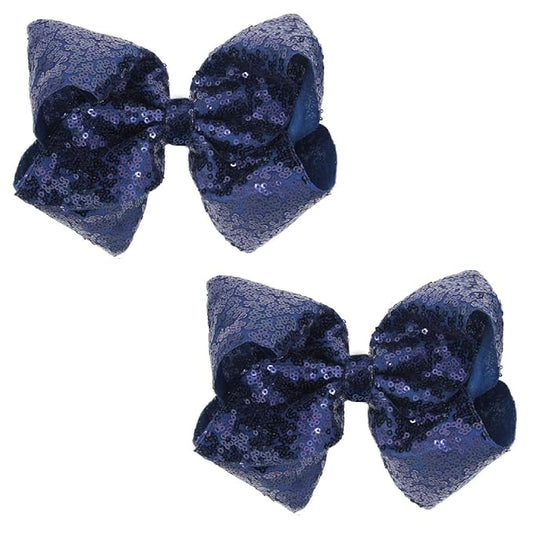 6 Inch Navy Blue Sparkly Glitter Sequin Hair Bows for Girls Toddlers Kids Children Teenage (2PCS)