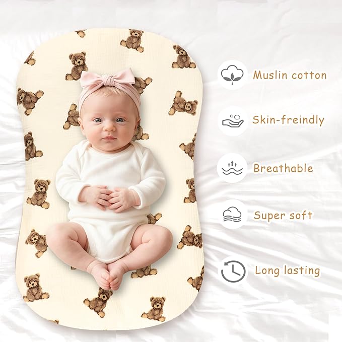Hooyax Muslin Baby Lounger Cover 2 Pack - 100% Breathable Cotton Soft Infant Lounger Covers, Fits Most Standard Newborn Loungers & Pillows (Coffee Checker+Bear)