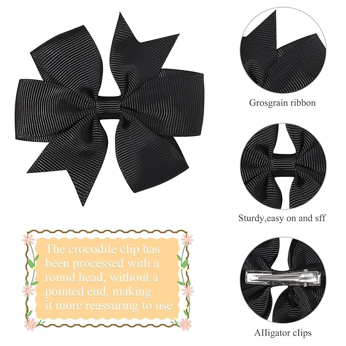 Choicbaby 3 Inches Hair Bows for Girls Black Grosgrain Ribbon Pinwheel Hair Bows Clips Toddler Hair Clips for Birthday Baby Shower Gifts 6 Pack Photo Props