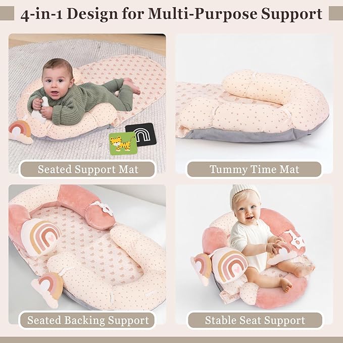 4 in 1 Tummy Time Mat with Educational Cards, Play Mat & Sitting Support for Newborn 0-12 Months, Infant Baby Sit Me Up Floor Seat, Sensory Skills Gifts, Rainbow