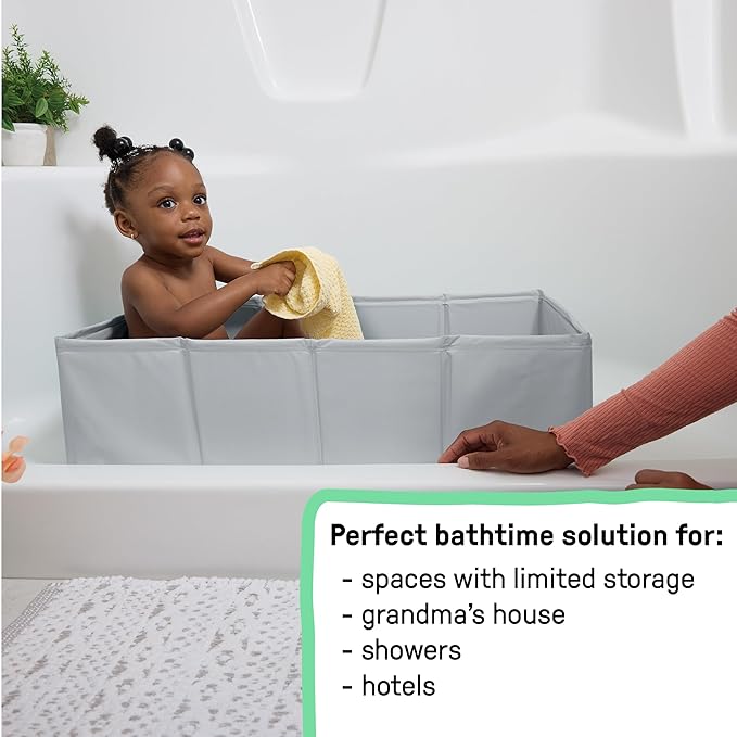 Ingenuity Tuckaway Toddler Folding Tub, Converts Shower to Tub, Folds to Store, Easy to Clean, No Assembly Required, Portable Baby Bathtub for Travel, 12M-5Y, Gray