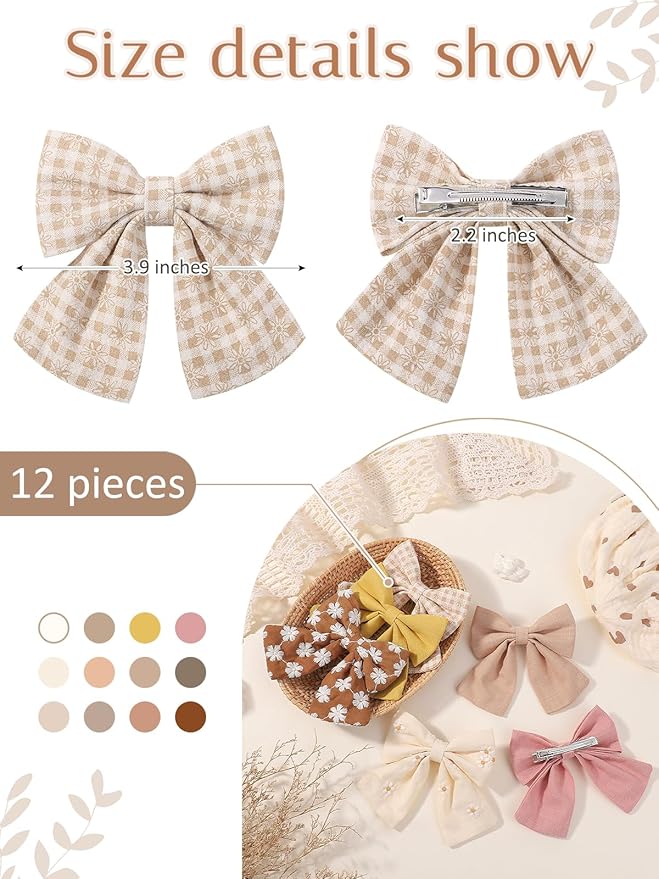 12PCS Baby Girls Hair Clips Fable Hair Bows Cotton Linen Bows for Girls Hair Accessories for Baby Toddlers Kids Neutral Color