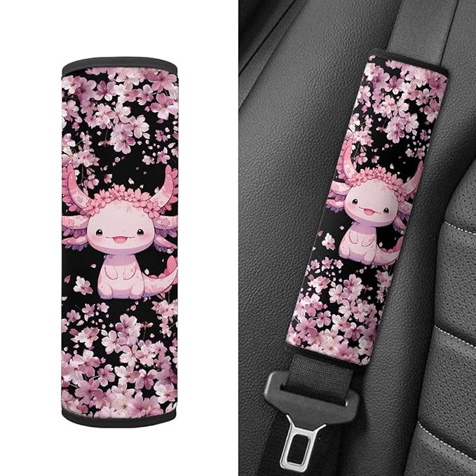 Biyejit 2 Pack Baby Car Seat Belt Covers, Cherry Blossom Axolotl Car Seat Strap Covers for Boys Girls, Soft Car Seat Neck Cover, Newborn Car Seat Straps Shoulder Protectors