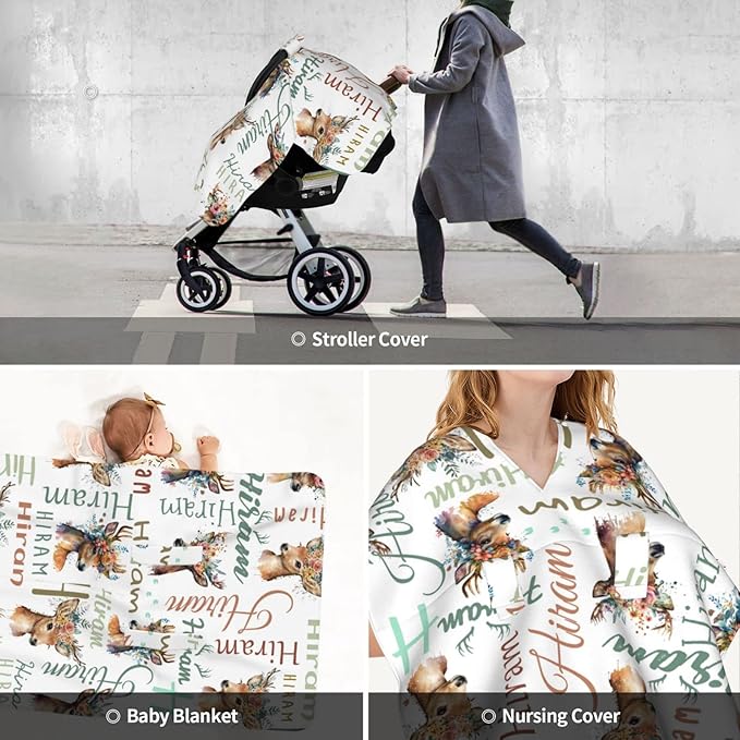 Personalized Woodland Deer Baby Car Seat Cover with Name, Customized Peekaboo Opening Car Seat Canopy for Baby Girls Boys, Nursing Covers Breastfeeding Scarf for Infant Newborn
