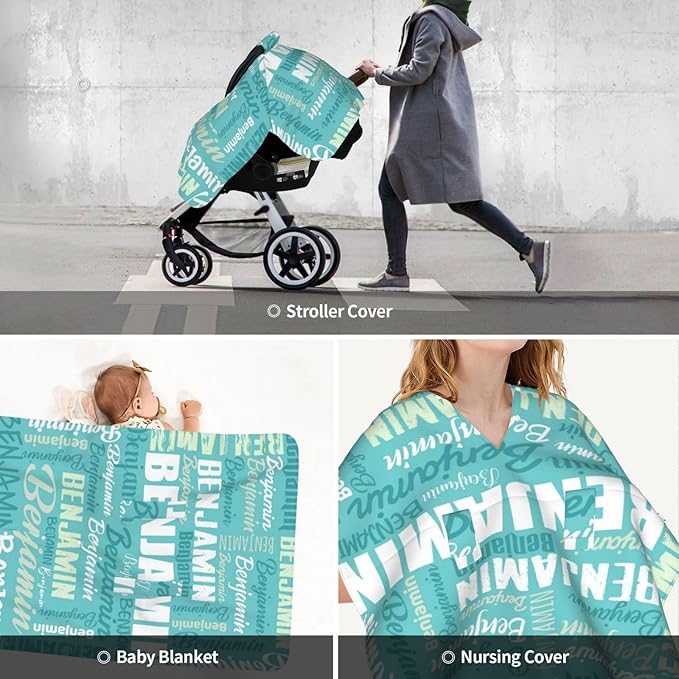 Personalized Baby Car Seat Canopy for Babies, Custom Name Baby Car Seats Covers for Boys Girls, Opening Minky Nursing Breastfeeding Cover for Infant, Carseat Canopies for Newborn (Cyan)