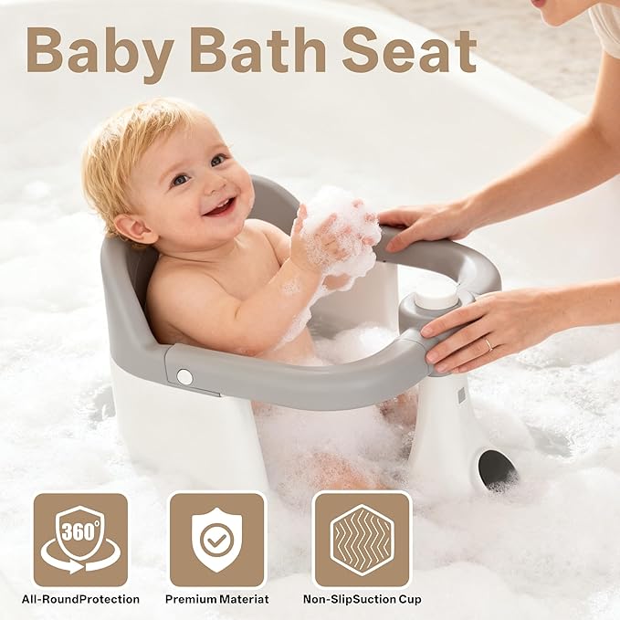 Baby Bath Seat for Infants 6 Months & Up - Adjustable Sitting up Bathtub Chair with Surround Design & Temperature Sensor, Non-Slip 4-Suction Base for Infant Bath Safety (Grey)
