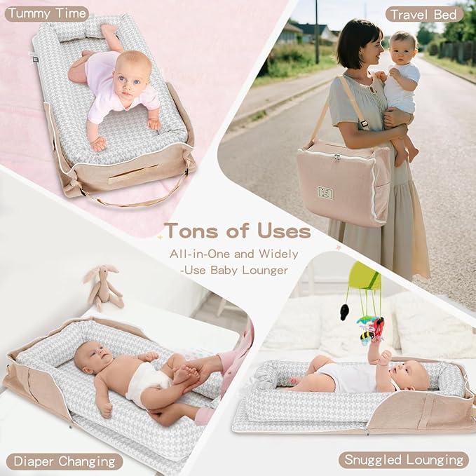 Baby Lounger for Newborn, Portable Breathable Baby Nest Infant Lounger Adjustable U-Shaped Safety Bumper for Cozy Comfort - Grey Houndstooth