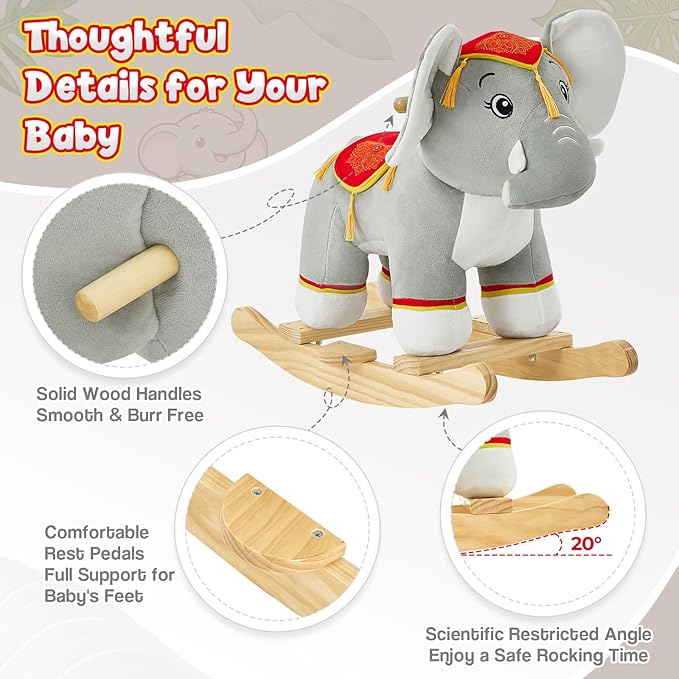 FUNLIO Thai Elephant Baby Rocking Horse for Toddlers 1-3 Years, Cute & Graceful Gray Elephant Rocker for Baby, Stuffed Plush Ride-on Rocking Animal, Easy to Assemble, CPC & CE Certified