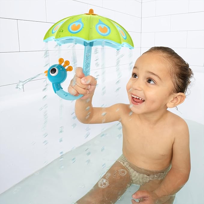 Yookidoo Baby Bath Toy (Ages 1-3) Green Peacock Umbrella Water Sprinkler with 3 Moving Pieces (Mold Free) - Fill with Water for Bubbles, Spinning & Sprinkler Effects - Toddler Bath Time & Pool Fun