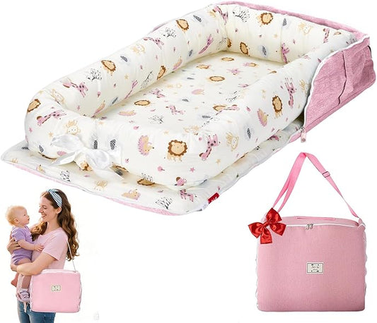 Baby Lounger for Newborn-Portable Baby Lounger 0-24 Months for Home and Travel,Newborn Loungers with Strap, Baby Nest Lounger Adjustable Size,Animal World Pink
