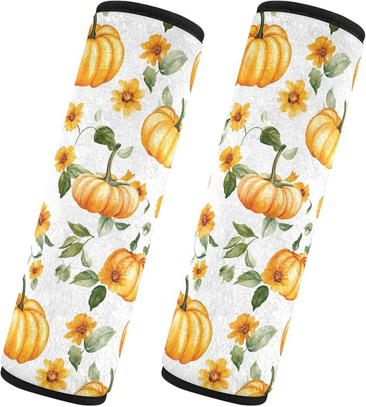 CHIFIGNO Orange Autumn Pumpkins Sunflowers Seat Belt Cover Universal Car Seat Strap Cover Pack of 2 Car Seat Shoulder Protector Protect Your Neck and Shoulder