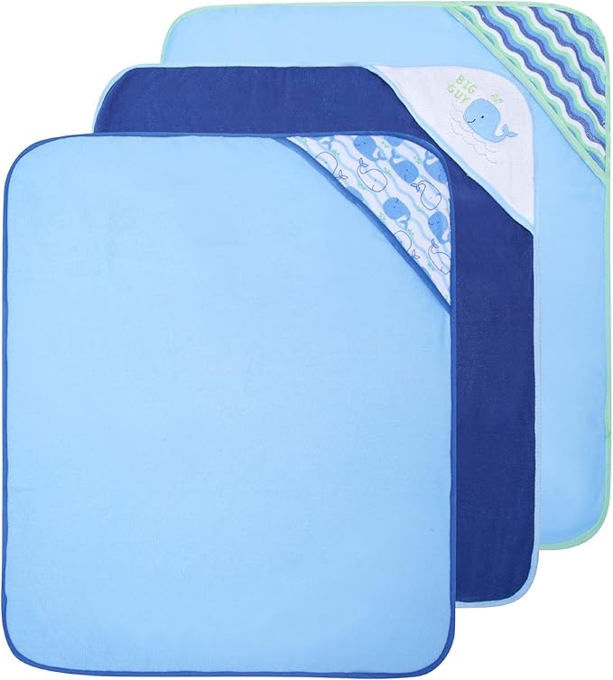 Buttons & Stitches Boy's 3-Pack Blue Whale Hooded Baby Towels, 26x30 Inches